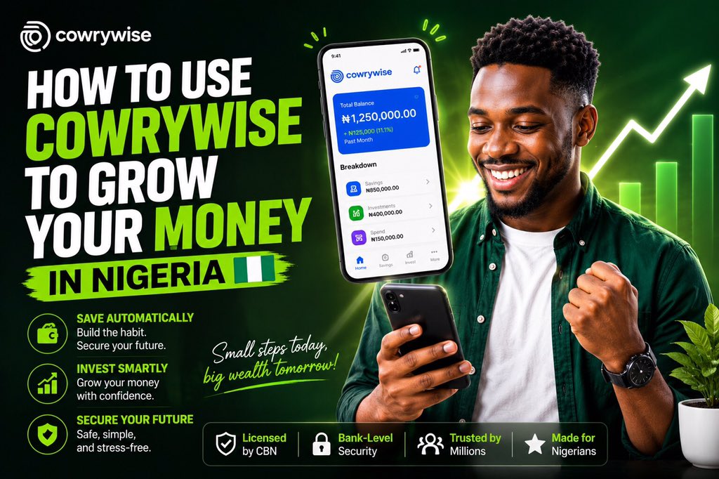 juwonadeigba's tweet photo. How to Use Cowrywise to Grow Your  money 

Want your money to grow This step by step guide shows you how to use Cowrywise to save automatically, invest wisely, protect your wealth from inflation, and achieve your financial goals faster.
https://t.co/NFbnpKtxOw https://t.co/g5M6qSb6T0