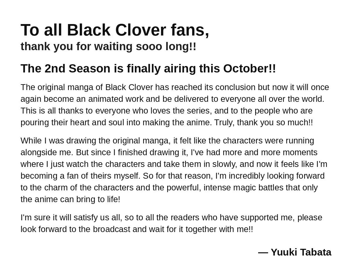 Clover_Kingdom_'s tweet photo. Message from Yūki Tabata #BlackClover https://t.co/8SjD4t1n5b