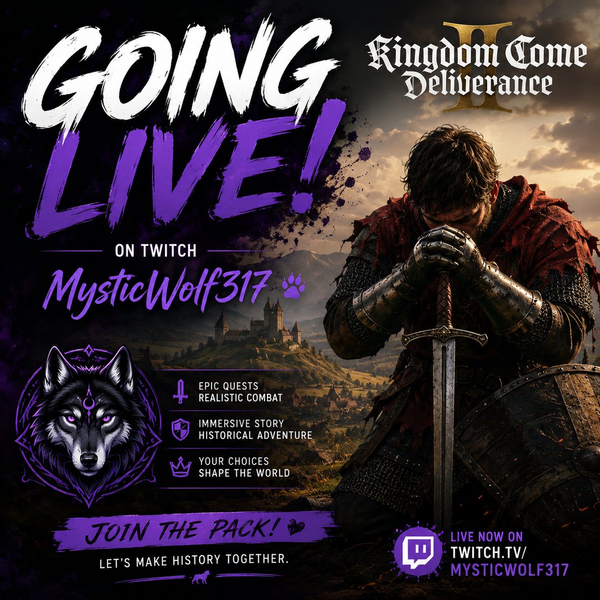 CinnBunsPlay's tweet photo. ⚔️🔴 We're Going Live! 🔴⚔️

It's time to journey back to medieval Bohemia! Join me as we dive into Kingdom Come: Deliverance, where every choice matters, every fight is a challenge, and survival isn't guaranteed.

Will we become a legendary hero... or spend half the stream getting knocked off our horse? 😅 Come hang out and find out!

🐺 Live now on Twitch: MysticWolf317

Bring your snacks, say hello in chat, and let's see what adventures (and chaos) await! 💜

#KingdomComeDeliverance #GoingLive #TwitchStreamer #MysticWolf317 #ThePack #GamingCommunity