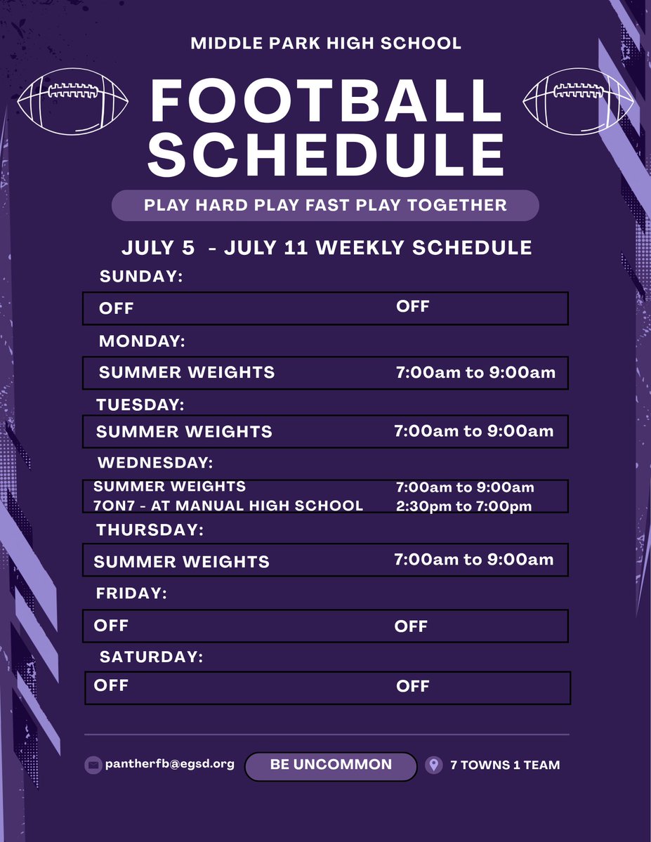 MPHSPantherFB's tweet photo. July is here. So let's keep putting in the work in the Weight Room and then on the field at Manual High School Wednesday night for some 7on7's (no Big Man Games this week ๐ข). Bus leaves GES at 2:30pm and will make a FVR stop.
#BeUncommon #PlayHard #PlayFast #PlayTogether https://t.co/vH4FlkxfsJ