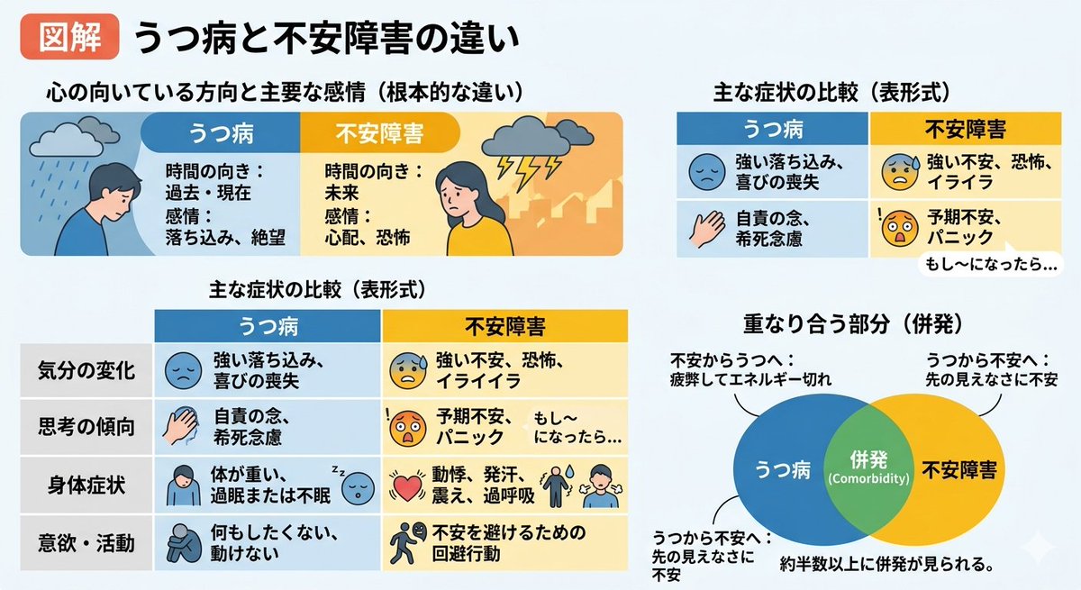 UTU_KOKUFUKU_CH's tweet photo. 精神科医のポストを読んで思ったのだけれど、長くうつ病や双極症に苦しみ、回復が停滞している人は、「不安障害」を高い確率で併発している気がする。

「動けない(鬱)」というブレーキと、「動かなければならない、でも怖い(不安)」というアクセルを同時に踏んでいる状態。これこそが、回復を根底から https://t.co/HrPMRLi5eS