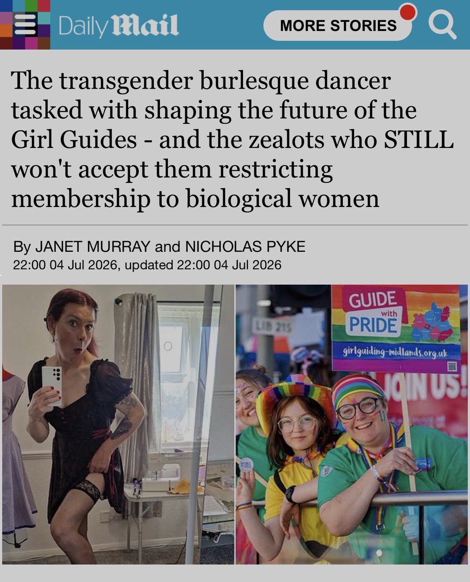 jan_murray's tweet photo. Girlguiding accepted this man to become a Girl Guide leader.

He had publicly accessible photos and videos online showing himself wearing stockings, suspenders and corsets, including some in which he appeared to simulate sexual acts.

In a letter to the organisation’s head of safeguarding, he acknowledged sharing changing facilities with women and appeared to see no issue with doing so.

He was later appointed to a 16-person steering committee set up to advise on keeping trans girls and women involved in the organisation, following the Supreme Court ruling and the subsequent ban on boys and men. 

It took months of work to bring this and other concerning findings from my investigation into Girlguiding into the public domain. 

Collectively, they raise serious questions about safeguarding and decision-making within the organisation.

Link below 👇