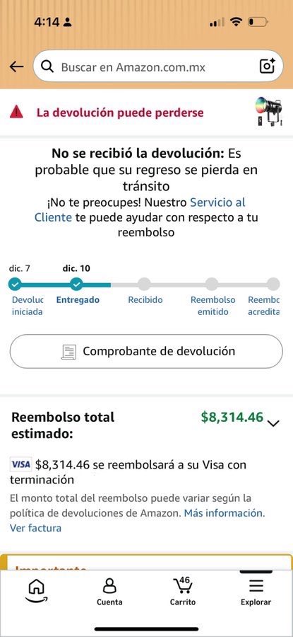 MTHRFCKRSPHOTO's tweet photo. En Diciembre realicé una devolución que no ha sido reembolsada y en el portal de servicio al cliente no hay resolución, más que un Bot que no me esclarece nada. Cómo debo proceder ?? 
@Profeco @AtencionProfeco @amazonmex https://t.co/aB6rRUlcef