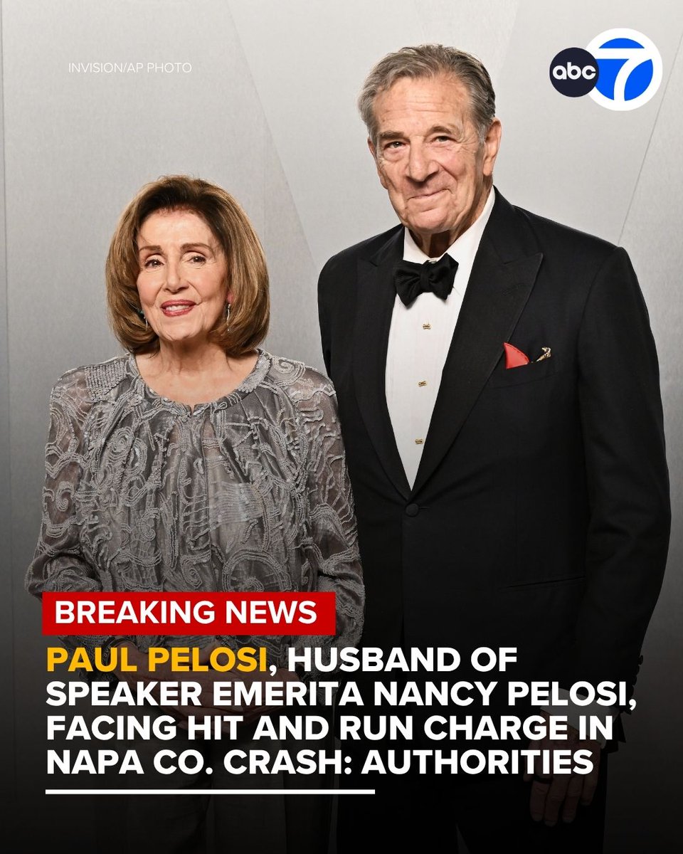 ABC7's tweet photo. Breaking News: Paul Pelosi, husband of Speaker Emerita Nancy Pelosi, is facing a hit and run charge for a crash in Yountville, Napa County Sheriff's Deputies announced.

Paul Pelosi is accused of hitting a parked car, briefly stopping, then driving away. 

https://t.co/BjOSrINEoU https://t.co/t1GZLBqPZi