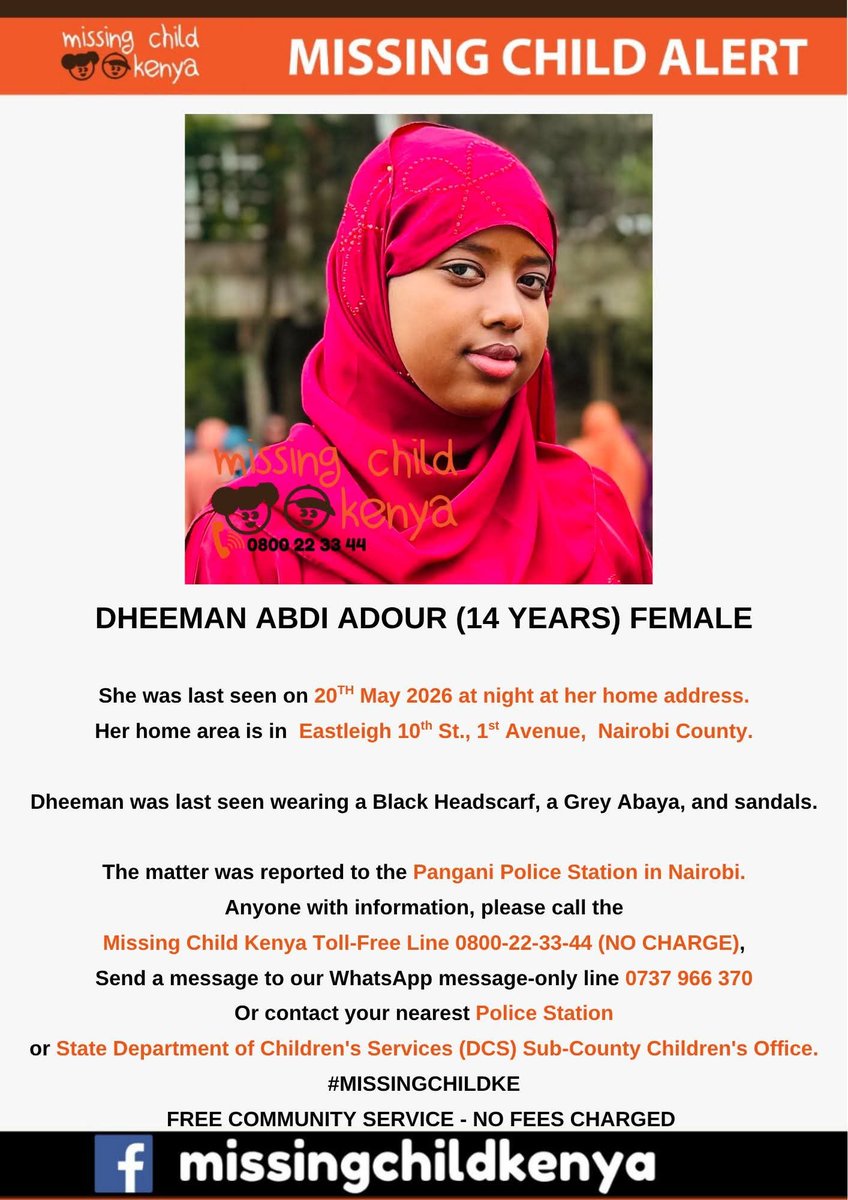 Raskinoyugi's tweet photo. MISSING CHILD 

RESHARE WIDELY 

DHEEMAN ABDI ADOUR (14 YEARS) FEMALE https://t.co/BIof9GNplR
