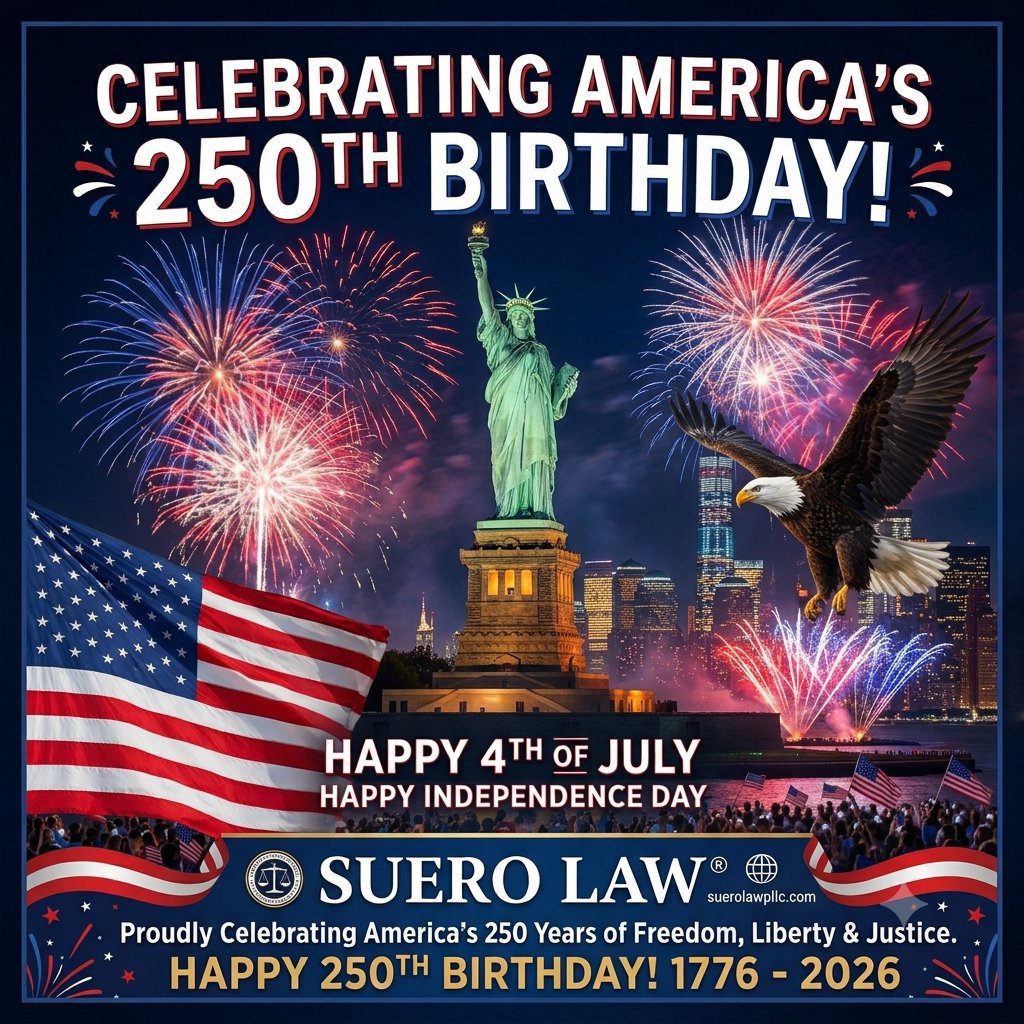 suerolaw's tweet photo. Happy 250th Birthday America! 🇺🇸 
Suero Law proudly celebrates America's 250 years of Freedom, Liberty &amp; Justice.
#suerolaw #4thJuly #america https://t.co/MVNvbtVUy1