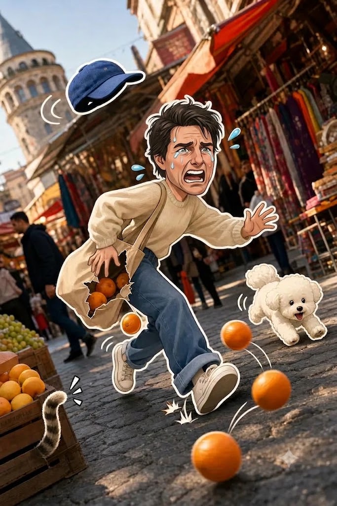 noorwithwifi's tweet photo. Selena & Tom: Mission Unplanned. 😆

Prompt:
A stylized 3D cartoon sticker illustration of *[CHARACTER]* running frantically through a lively *[CITY/LOCATION]* street with an exaggerated panicked expression, flying sweat, tears, and dynamic motion lines. A torn tote bag spills *[ITEMS]* across the cobblestones while a hat flies off mid-run, accompanied by a cheerful *[ANIMAL]* chasing alongside. The background features an iconic *[LANDMARK]*, colorful market stalls, and blurred pedestrians, all in a bright, playful, cinematic comic style with thick white sticker outlines and vibrant colors.