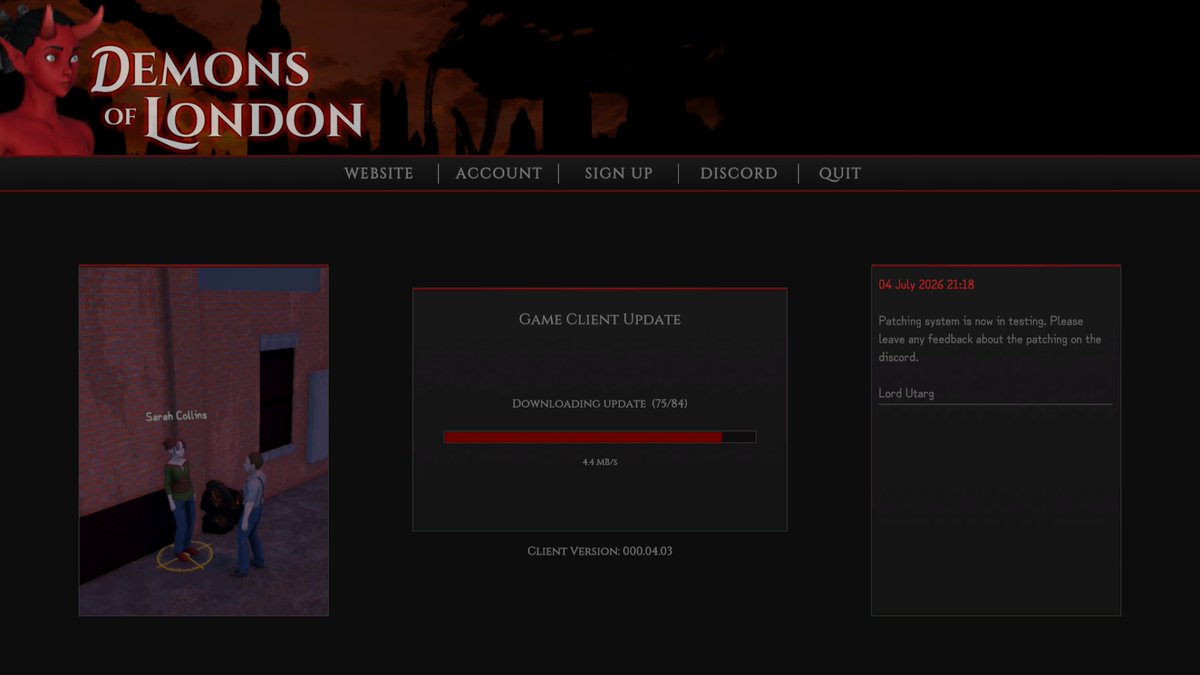 Lord_Utarg's tweet photo. Testing the new patching system which keeps the client up to date. It has full "resume" functionality, so no starting from scratch if the connection is lost.
#DemonsOfLondon #IndieDev #IndieGame #mmorpg #rpg https://t.co/5mDsvi0S7s