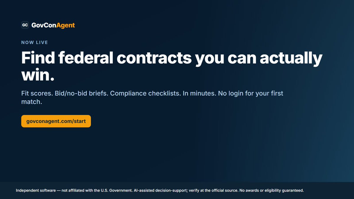 GovConAgent's tweet photo. Find federal contracts you can actually win. 
Fit scores, bid/no-bid briefs, compliance checklists - in minutes. 
First match free, no login → https://t.co/LTCuMhQPYg https://t.co/IQVzqtwh9G
