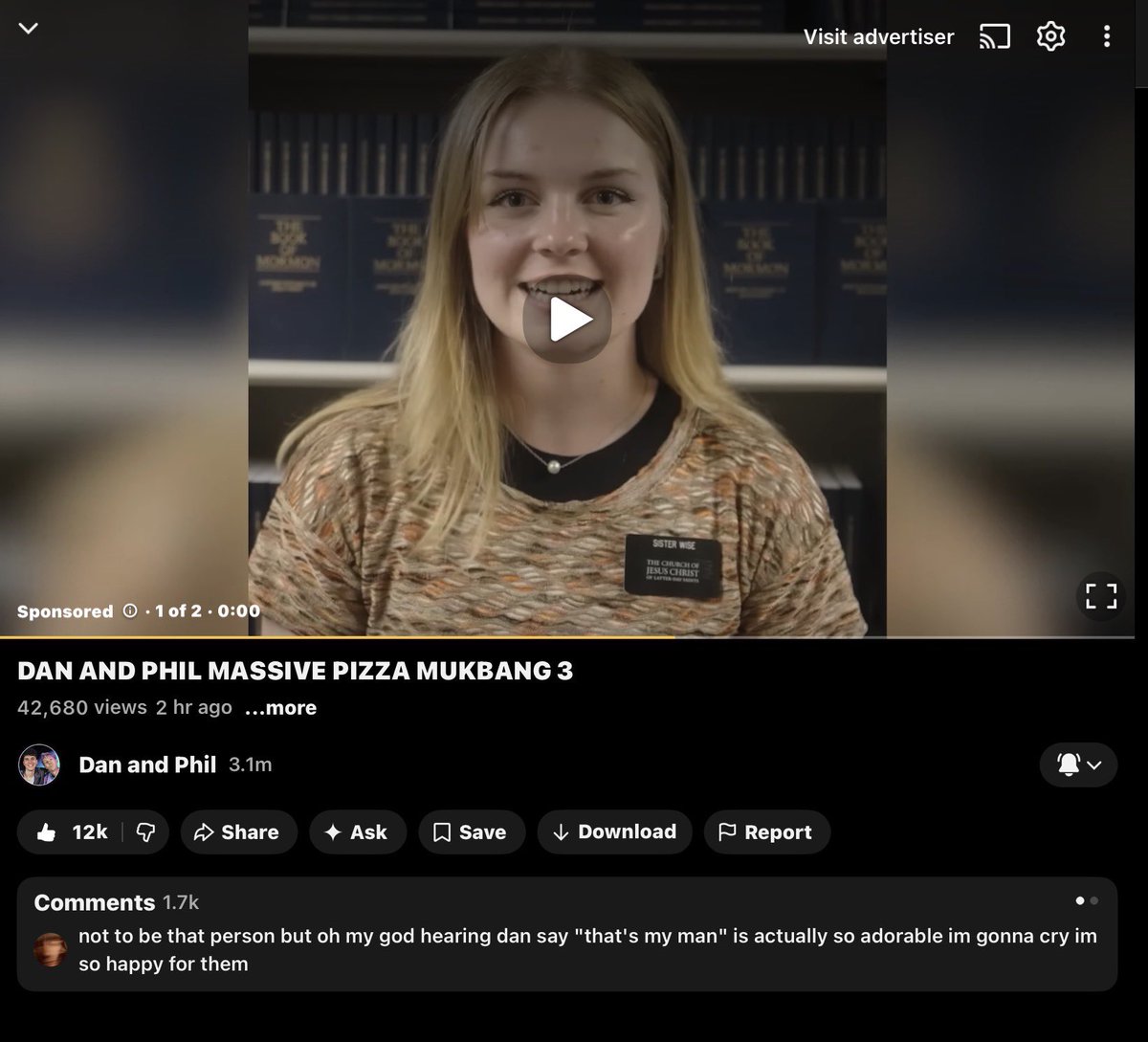 finchsies's tweet photo. Guys I’m crying actual real tears why did I get an ad for Mormonism in the Dan and Phil pizza mukbang 😭😭😭😭😭😭 https://t.co/9hgyN1Rm2R