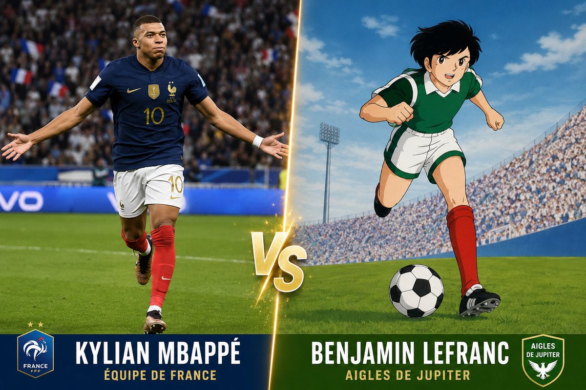 FranckNgatcha's tweet photo. ⚽️ Et si l'équipe de France 2026 était l'équivalent réel des Aigles de Jupiter ?

C'est peut-être une comparaison qui fera débat... mais c'est mon ressenti.

Quand je regarde les Bleus aujourd'hui, j'ai l'impression de retrouver ce que je ressentais devant L'École des Champions.

À l'époque, chaque joueur des Aigles de Jupiter était une véritable pépite :
🔥 un capitaine exceptionnel,
🔥 des défenseurs d'élite,
🔥 des milieux capables de contrôler un match,
🔥 des ailiers imprévisibles,
🔥 des buteurs capables de faire basculer une rencontre à eux seuls.
Aujourd'hui, j'ai exactement la même sensation avec l'équipe de France.
Pour moi, chaque joueur français possède un talent qui pourrait faire de lui la star d'une autre sélection nationale.
C'est ce qui rend cette génération si spéciale.
J'ai donc décidé de m'amuser à comparer chaque joueur des Bleus avec son équivalent parmi les Aigles de Jupiter, uniquement en fonction de leur style de jeu, de leur personnalité sur le terrain et de leur influence dans l'équipe.
On commence avec le plus évident :

🇫🇷 @KMbappe = Benjamin Lefranc

Deux leaders.
Deux joueurs capables de renverser un match.
Deux compétiteurs qui portent leur équipe quand tout devient difficile.

Et vous...

👉 Êtes-vous d'accord avec cette comparaison ?

Qui verriez-vous à la place de Benjamin ?

La suite arrive très bientôt avec les autres joueurs. 👀

#EquipeDeFrance #Mbappe #Football #LEcoleDesChampions #OliveEtTom #Anime #CoupeDuMonde #LesBleus #Nostalgie #Manga #Foot #BenjaminLefranc