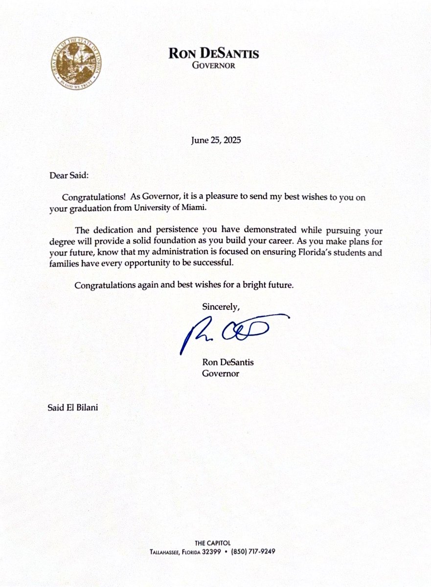SaidBilani's tweet photo. Thank you, President Donald J. Trump, Governor Ron DeSantis, and U.S. Senator Rick Scott for your congratulatory correspondence and warm greetings. I sincerely appreciate your kind wishes and thank each of you for your service to the great State of Florida and to our nation.

On this Independence Day, as we proudly celebrate America’s 250th birthday, may we reflect on the enduring principles of freedom, opportunity, and unity that have defined our nation for two and a half centuries.

God bless you, God bless Florida, and God bless the United States of America. Happy 250th Birthday, America! #USA 🇺🇸