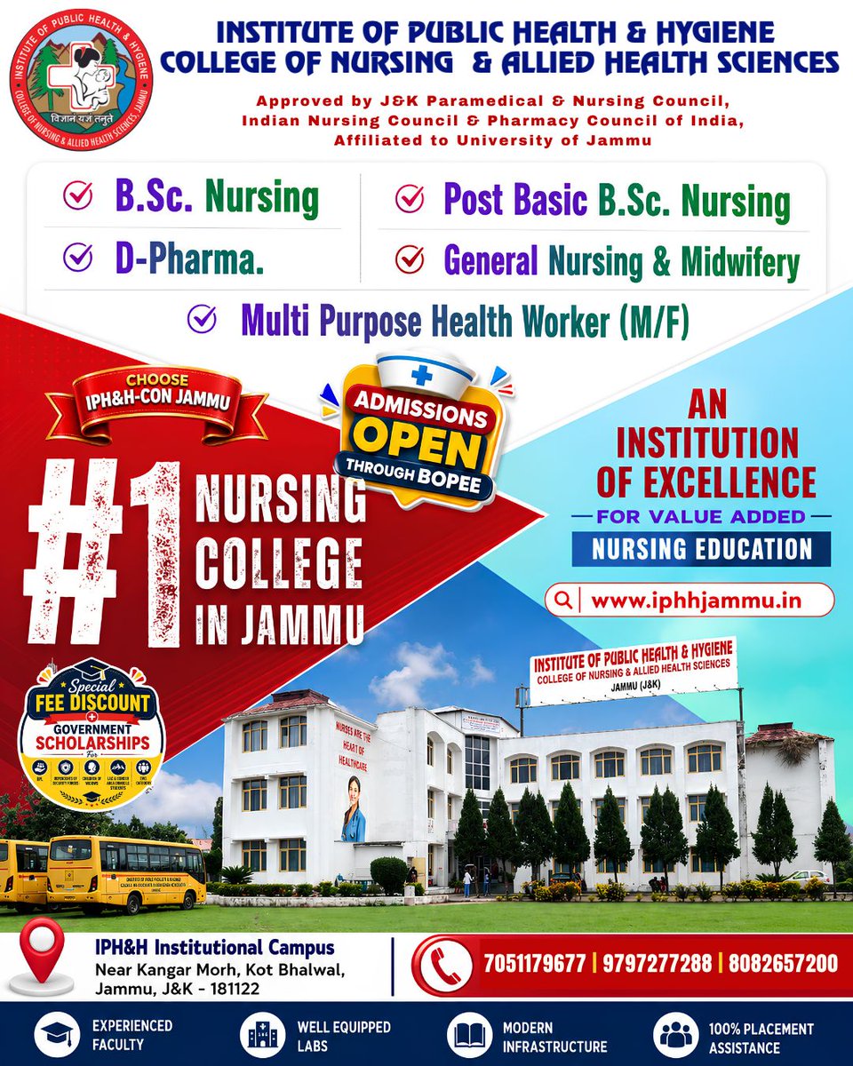 IPHHJammu's tweet photo. Don't wait for seats to fill up. Connect with our admissions desk right now:
👉 Call us at: 7051179677 | 8082531040 | 8082657200
Nurses are the heart of healthcare." Start your bright career with us today! 🩺
#IPHHJammu #NursingAdmissions2026 #BScNursing #DPharma #GNM https://t.co/DxvT4UXeRw