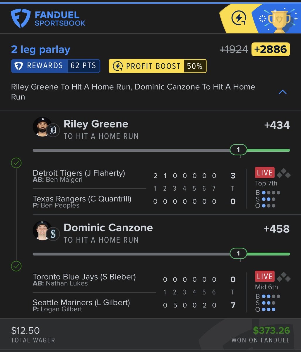 TCarmTheGoat's tweet photo. BANG +2886 ✅🔥

Great start cashing a 2 leg before the night games even start 💣🚀

$12.50 ➡️ $373.26 💰

Use code “250” for 50% off any package ⤵️

https://t.co/2RQLj84kyd https://t.co/fUGdVypXlZ