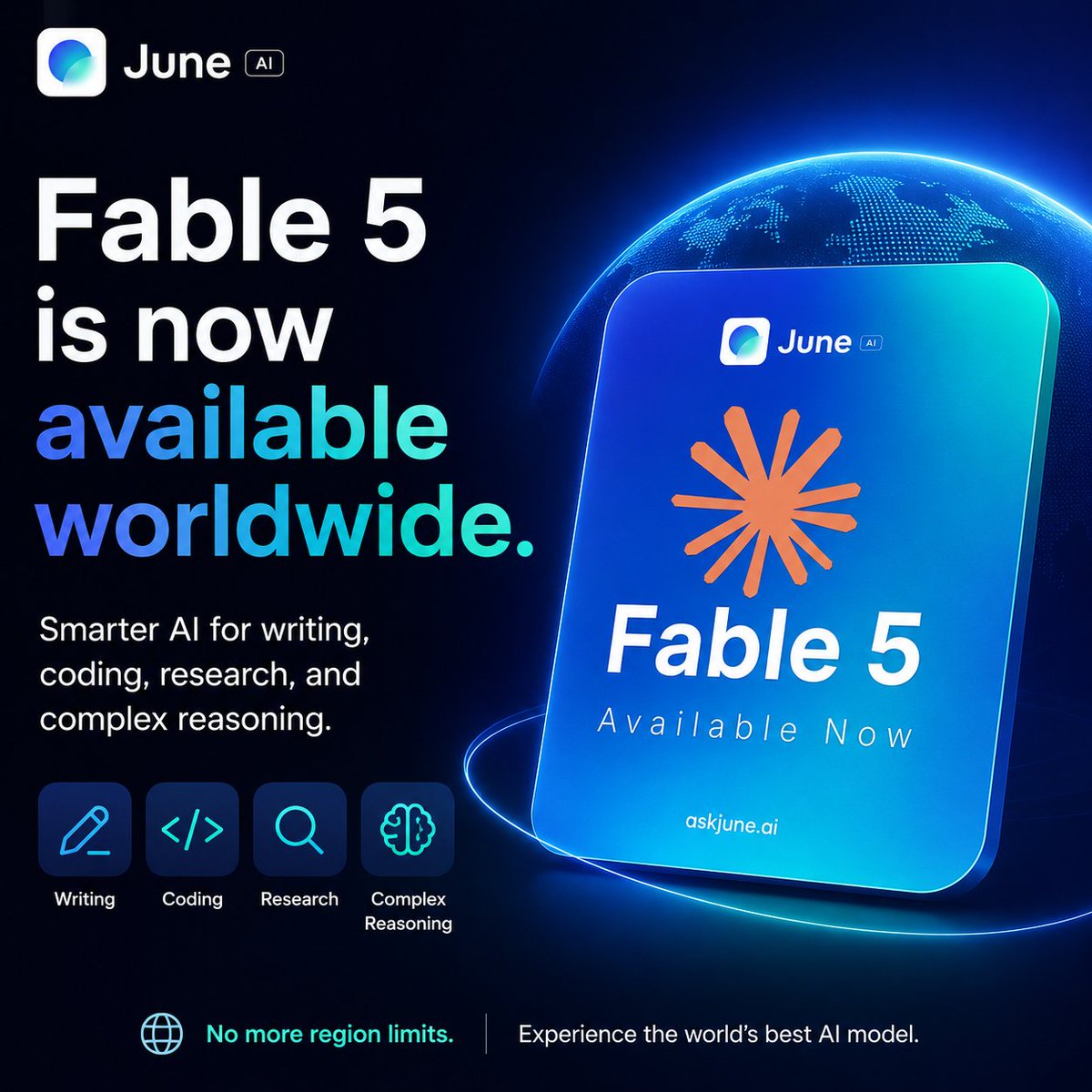dontdims's tweet photo. Fable 5 is now available globally through @askjuneai 

Smarter AI for writing, coding, research, and complex reasoning. https://t.co/nmoJSzBRrQ