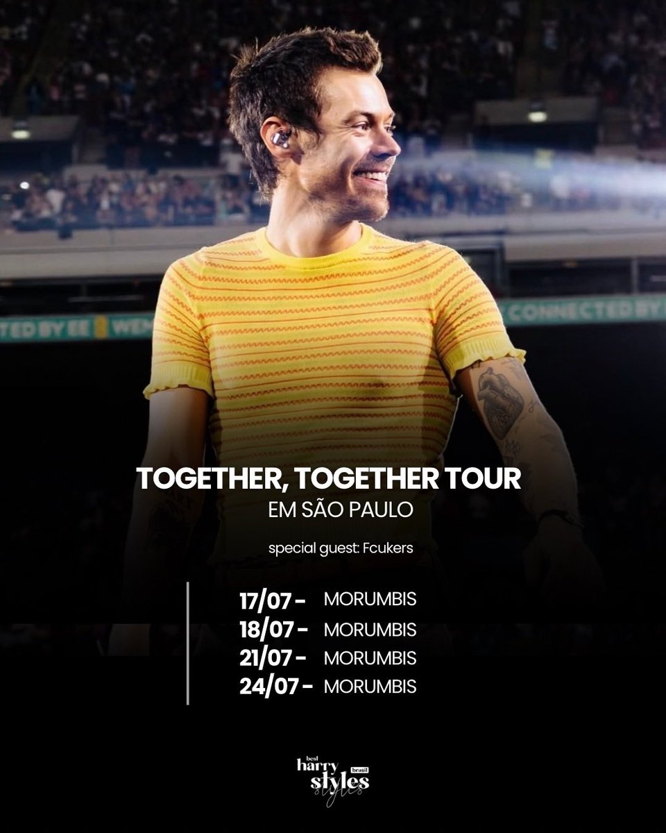 bestharrysbr's tweet photo. TOGETHER, TOGETHER TOUR — SÃO PAULO, BRASIL 🇧🇷🕺🏻🪩

👥: cerca de 68 mil pessoas por noite no MorumBIS.
🫶🏼Show de abertura é com Fcukers! 
⏰Os portões abrirão às 16h, Harry Styles subirá ao palco às 20:45, horário de Brasília! 

Ative as notificações para não perder nada! https://t.co/214PasLmDu