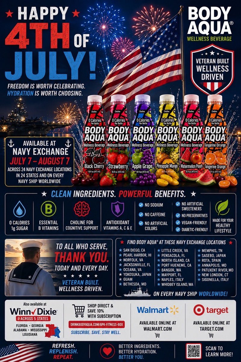 djwillywill72's tweet photo. 🇺🇸 Freedom. Strength. Hydration.

This Fourth of July, we’re celebrating more than our nation’s independence. We’re celebrating the courage, dedication, and sacrifice of the men and women who protect it every day.

As a Veteran Built company, Body Aqua® is proud to stand behind those who serve by providing clean hydration with purpose.

⚓ Beginning July 7 through August 7, Body Aqua® Wellness Beverage will be available at 24 Navy Exchange locations across 24 states and on every Navy ship worldwide through the Navy Exchange system.

Whether you’re celebrating America’s birthday, preparing for deployment, or serving around the world, Body Aqua is designed to help fuel your mission.

Every bottle is crafted with:

✔ 0 Calories
✔ 1g Sugar
✔ Essential B Vitamins
✔ Choline for Cognitive Support
✔ Antioxidant Vitamins A, C & E
✔ No Sodium
✔ No Caffeine
✔ No Artificial Colors
✔ No Artificial Sweeteners
✔ No Preservatives
✔ Vegan-Friendly
✔ Diabetic-Friendly

🇺🇸 To every Sailor, Soldier, Marine, Airman, Guardian, Coast Guardsman, veteran, and military family, thank you. Your service makes our freedom possible, and we are honored to serve you in return.

📍 Available at every Winn-Dixie across Florida, Georgia, Alabama, Mississippi, and Louisiana.

🛒 Shop Direct & Save 10% with Subscription:
https://t.co/7EsckAVeU5

🛒 Walmart:
https://t.co/otebehsfEP

🛒 Target:
https://t.co/YzteuMJagx

Celebrate freedom. Honor service. Choose hydration with purpose.

🇺🇸 Veteran Built. Wellness Driven.

#Happy4thOfJuly #BodyAqua #VeteranBuiltWellnessDriven #NavyExchange #USNavy #SupportOurTroops #MilitaryFamilies #Veterans #HydrationWithPurpose #CleanHydration #DrinkBodyAqua #WinnDixie #Walmart #Target #RefreshReplenishRepeat #FreedomToThrive
