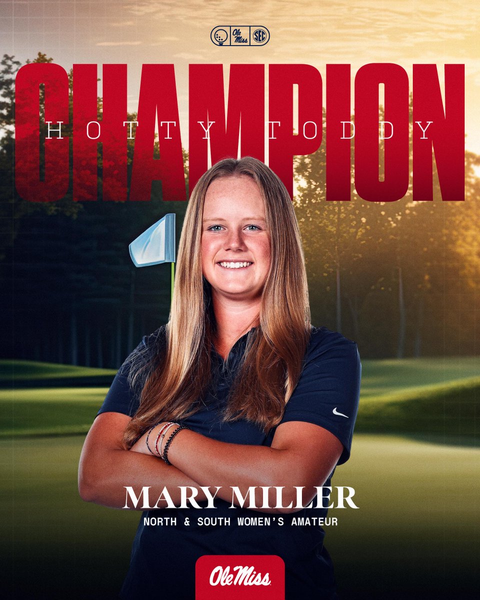 OleMissWGolf's tweet photo. 𝑪𝑯𝑨𝑴𝑷𝑰𝑶𝑵! 🏆

Mary Miller wins the North &amp; South Women's Amateur in 19 holes at @PinehurstResort. https://t.co/bQZ1PMyg8M
