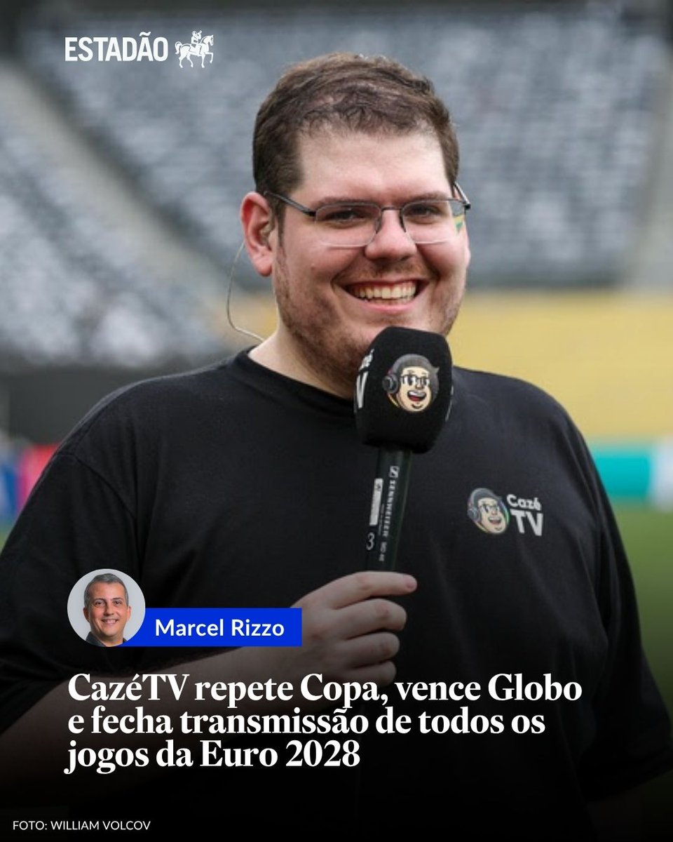 Estadao's tweet photo. MARCEL RIZZO | CazéTV vence concorrência e garante a transmissão de todos os jogos da Eurocopa de 2028 > https://t.co/YBFcoWYsXM

Canal transmitirá os 51 jogos no YouTube e outras plataformas; na última edição, em 2024, Cazé e Globo dividiram a exibição https://t.co/zp0PUXgcbk