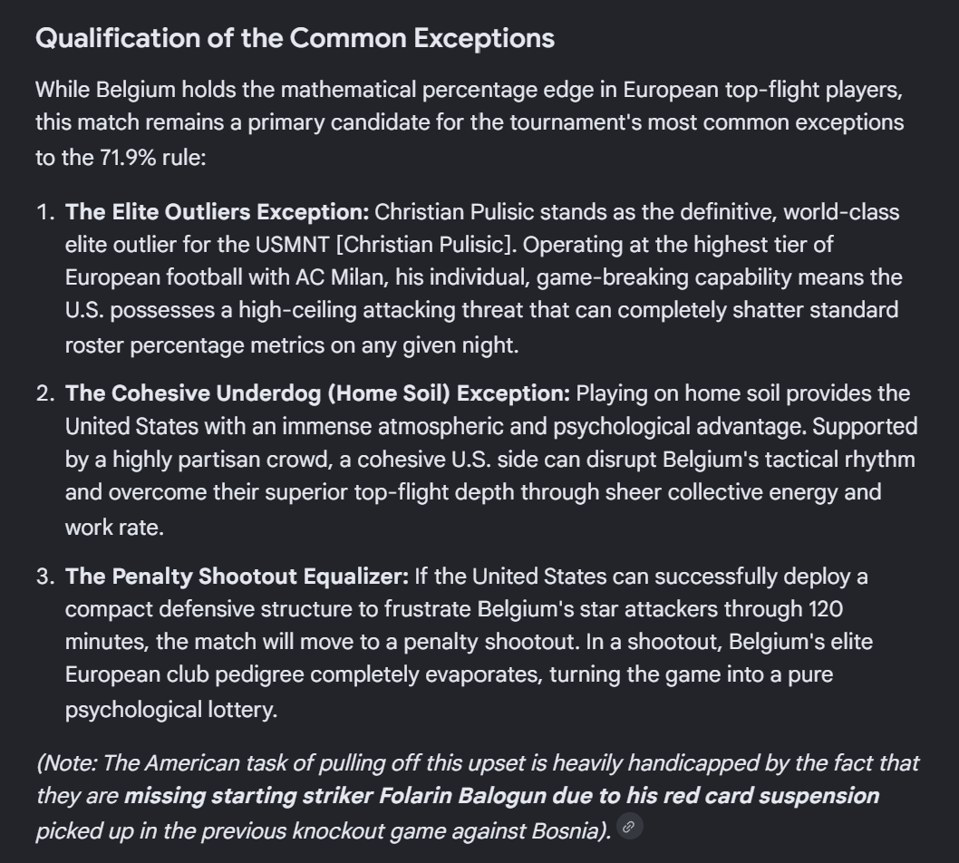 FireSportsIntl's tweet photo. Despite the hype, why the @BelRedDevils are statistically favored to beat the @USMNT in Monday's @FIFAWorldCup 2026 Round of 16 match. Remember, @pulisic is legit, but @FolarinBalogun is out! And then there are @KevinDeBruyne, @JeremyDoku &amp; others for Belgium. https://t.co/7tsObAXXkt