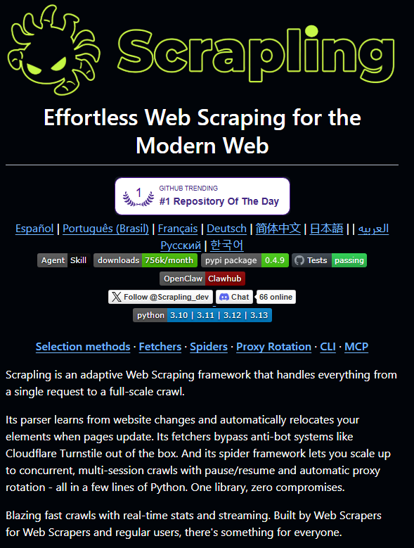 0x0SojalSec's tweet photo. Scrapling to scrape any website without getting blocked by Cloudflare. 

You don't need to maintain selectors when websites update their structure.  

- 774x faster than BeautifulSoup. 
- Zero bot detection. 
- Bypasses ALL Cloudflare protections natively

- https://t.co/XtktGrFOax