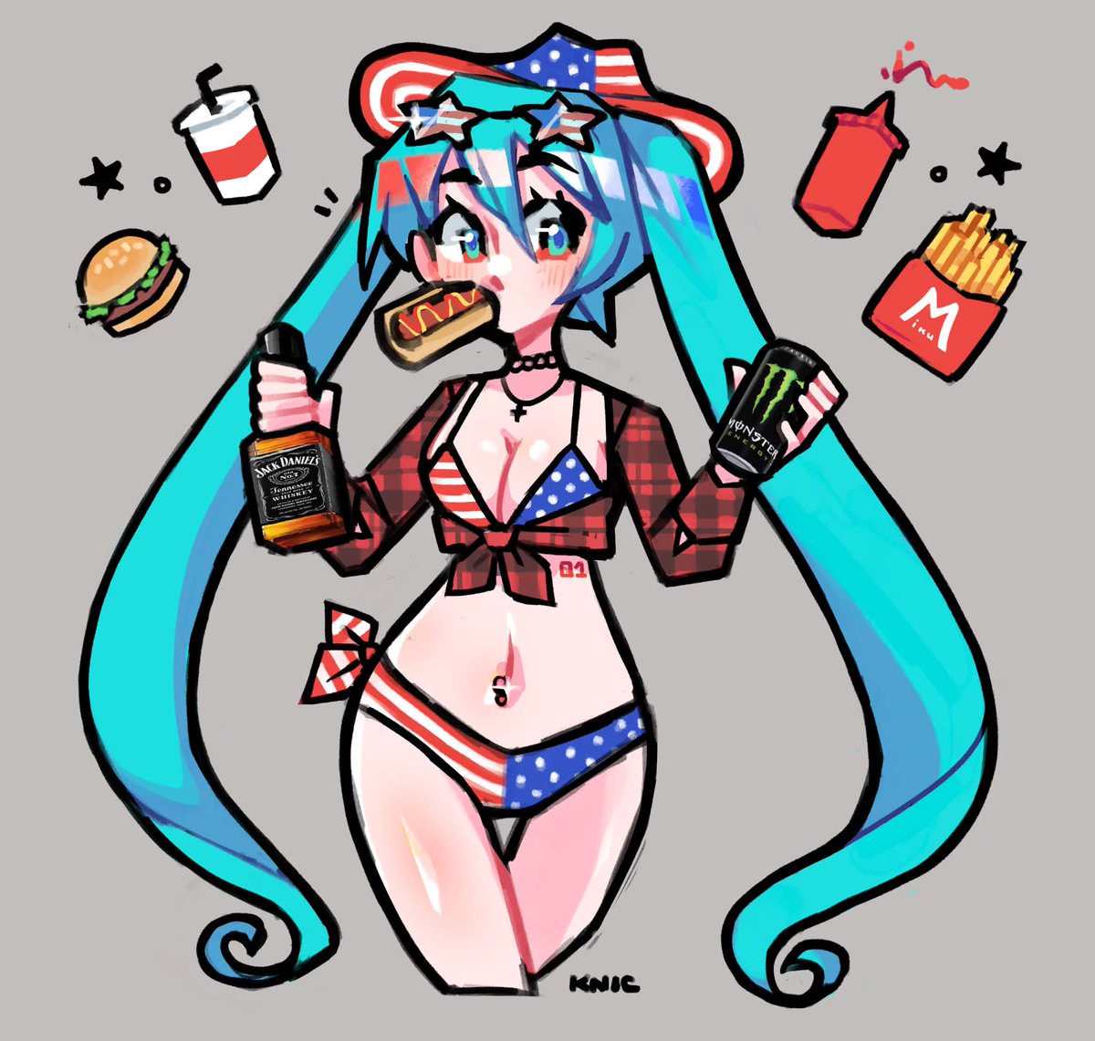 knic_toons's tweet photo. yeehaw happy 4th of july its midwest american miku day, take a shot of jack &amp; eat some hot dogs to celebrate https://t.co/QVEIFtgfhE