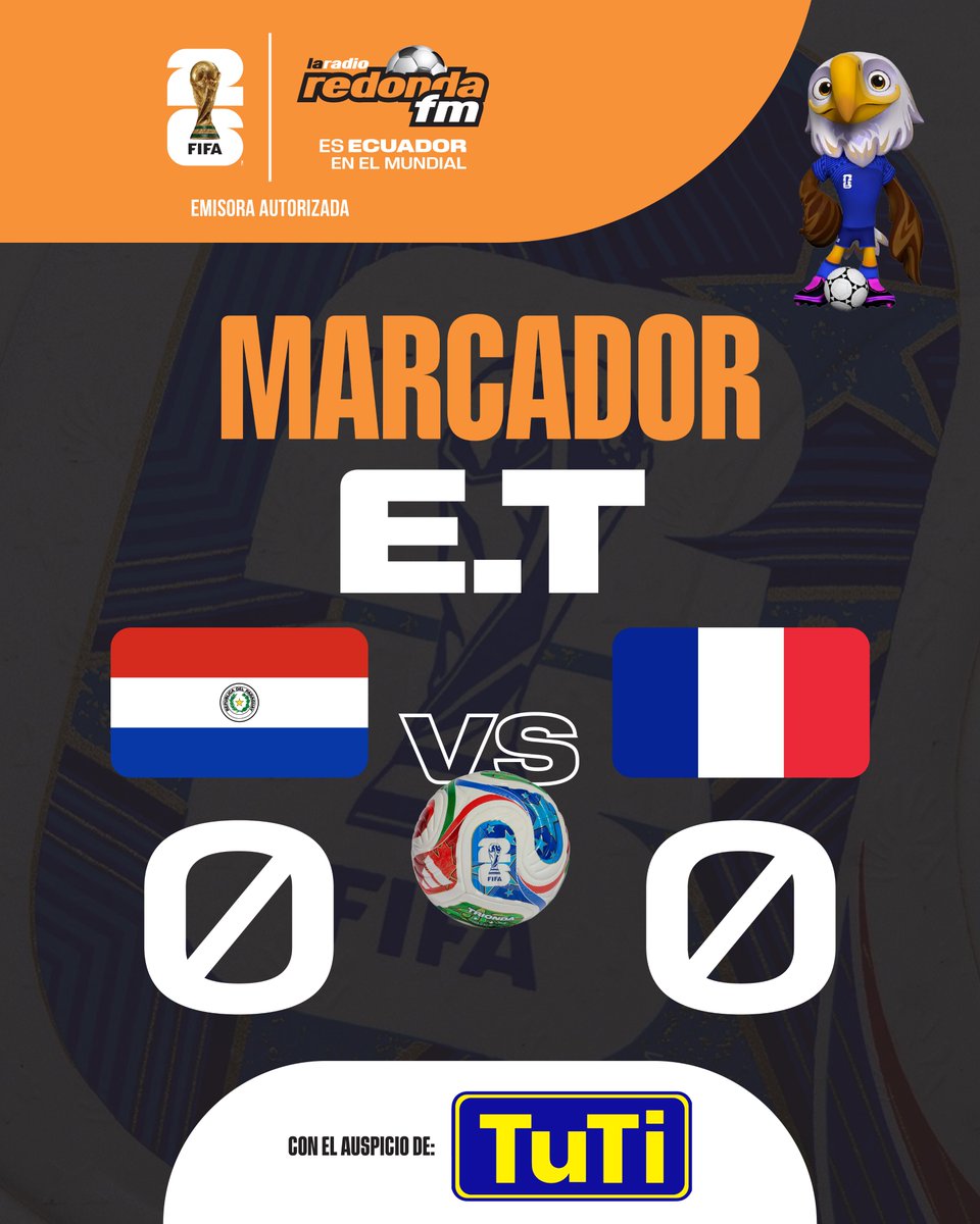 LaRadioRedonda's tweet photo. Presentamos el marcador del primer tiempo entre Paraguay y Francia en los octavos de final de la Copa del Mundo 2026 🏆⚽.

#RedondaMundialista 📻 https://t.co/i07OgBdxWg