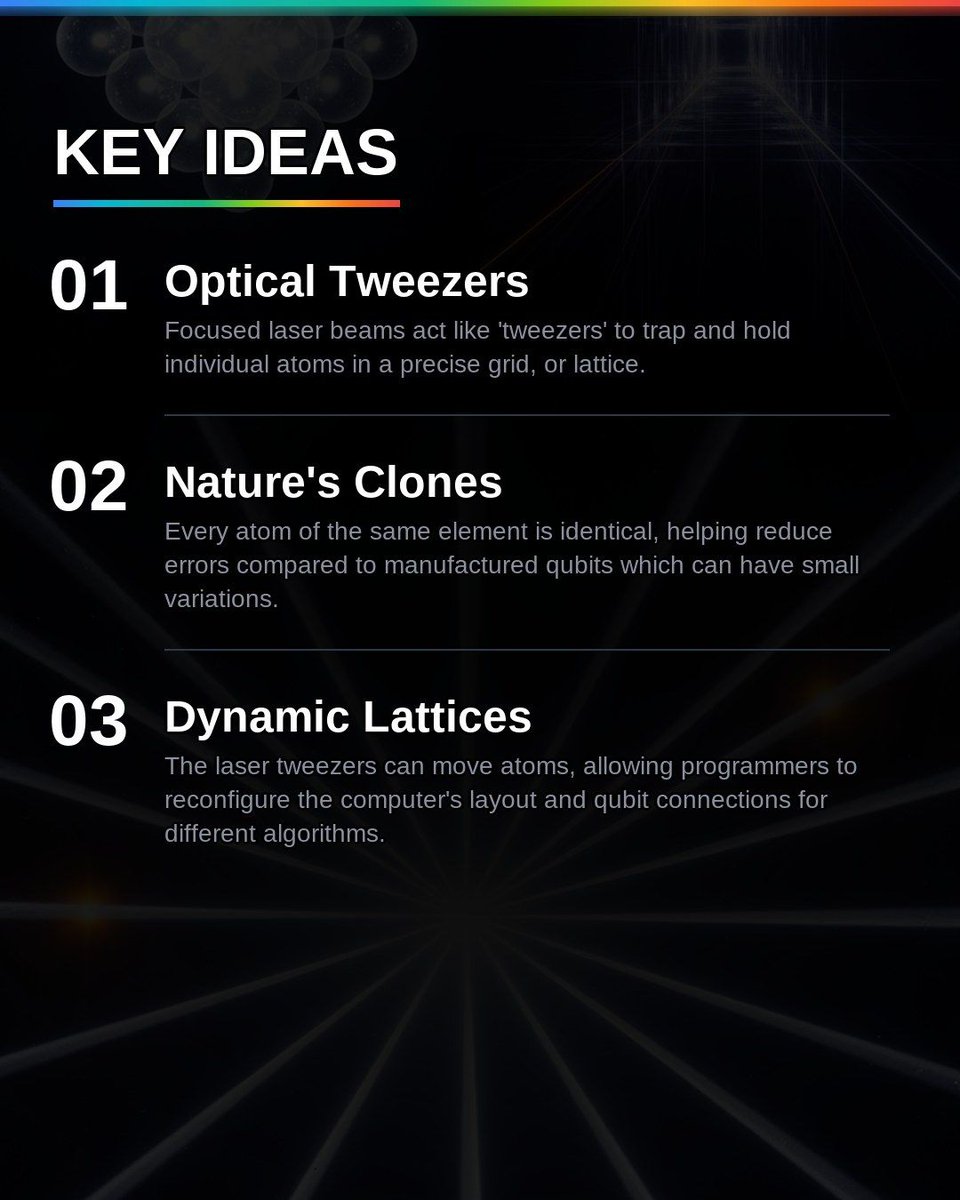 VibedeskDev's tweet photo. Neutral atom qubits use lasers to trap single atoms, creating highly scalable quantum processors. Because every atom is a perfect, identical qubit, this approach promises lower error rates and the large systems needed for complex problems. #QuantumComputing #NeutralAtoms… https://t.co/oJBJFTaWxE