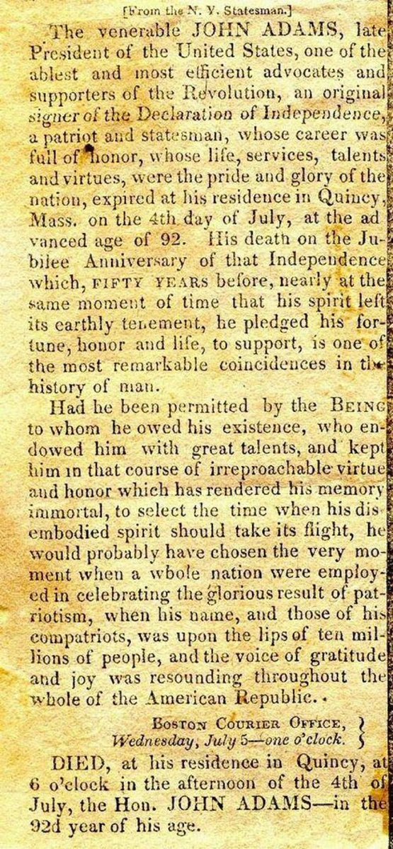 HistoryCalendar's tweet photo. Obituary of John Adams, who died on July 4, 1826. https://t.co/Dnz7bxMzHR