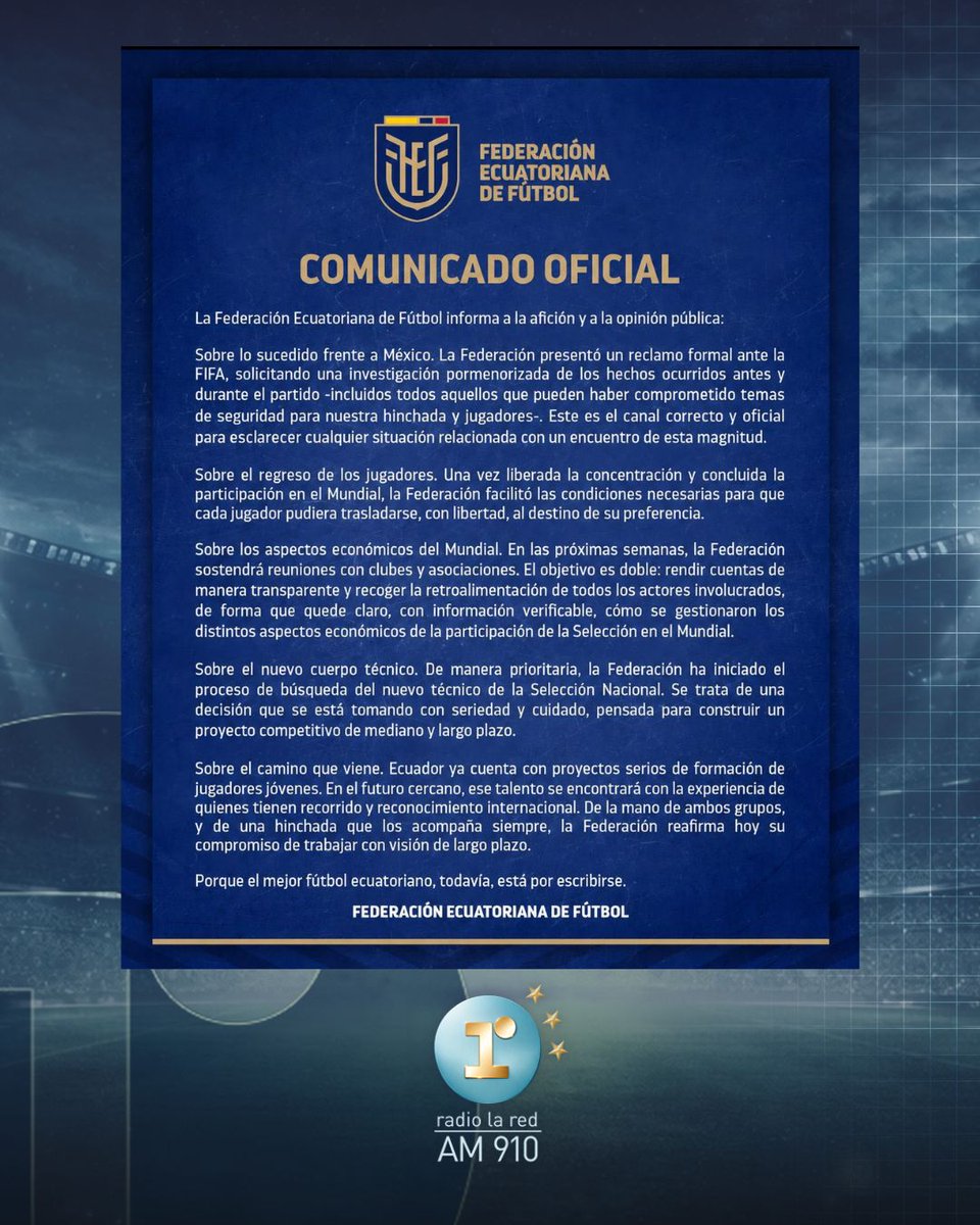 radiolared's tweet photo. Ecuador acudió a la FIFA para denunciar las presuntas amenazas que, según sostuvo, se registraron en la antesala del partido frente a México

🎧 AM 910
📱 APP: La Red
🖥️ https://t.co/AuI07f8u0b
▶️ YouTube: Radio La Red https://t.co/d9P5bOB09F
