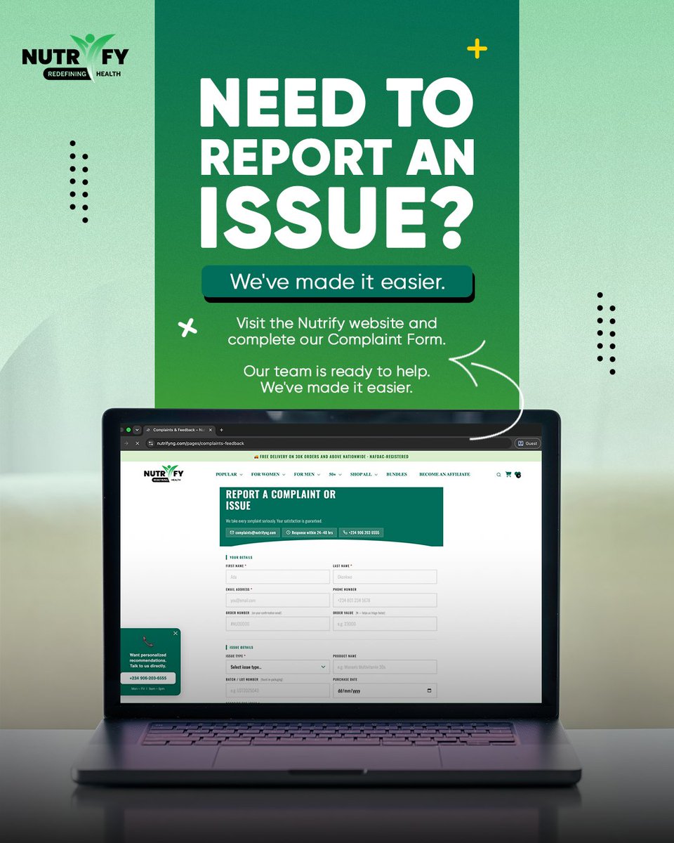NutrifyNigeria's tweet photo. Got an issue? We’ve made it simple. 💚Visit the Nutrify website and fill out our complaint form. Our team will review and respond accordingly. 
 Your wellness matters, and we’re here to help. 

📷 Click here to get started: https://t.co/8HVggK3DA3 

#NutrifyNigeria #CustomerCare #RedefiningHealth #WellnessAllRound #BestChoiceForYou