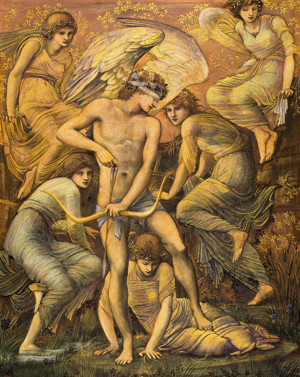 AlexandraSoro's tweet photo. Cupid’s Hunting Fields (1885)
By Sir Edward Coley Burne-Jones. 🖌️🌹
English painter (1833–1898)

In this work, Burne-Jones depicts Cupid blindfolded, surrounded by several female figures as he prepares his bow. The blindfold symbolizes the blind, unpredictable, and arbitrary nature of love: its arrows may strike anyone, regardless of reason or will.

The scene possesses the dreamlike and melancholic atmosphere characteristic of the artist. Golden tones, delicate branches, and idealized figures create a timeless realm suspended between myth and dream. Yet beneath its beauty lies a subtle sense of unease: love appears as an irresistible force capable of enchanting, overpowering, and wounding.

The work was created using gouache, watercolor, and gold and silver paints, a combination that enhances its rich, decorative quality.