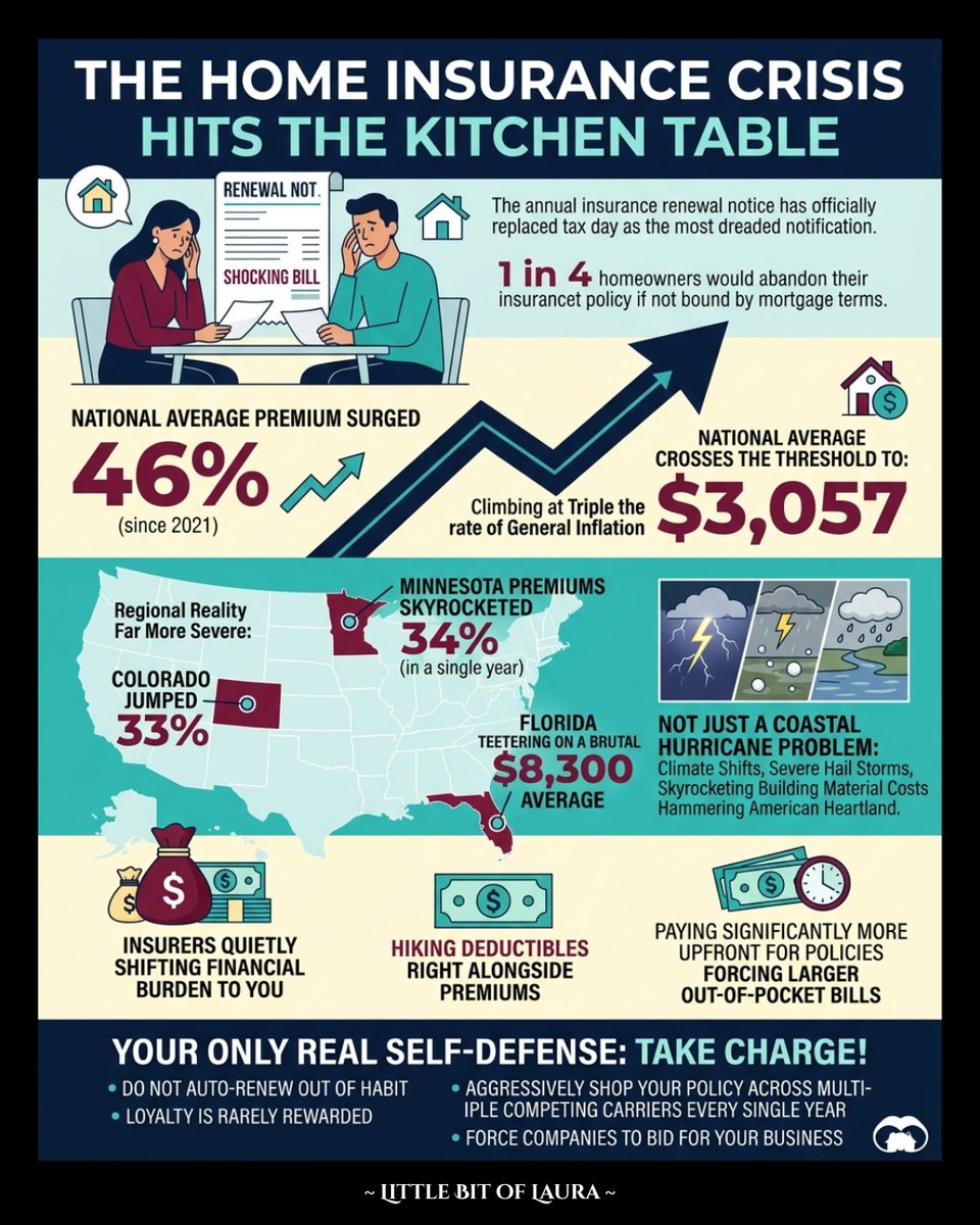 LittleBitOfLau's tweet photo. That annual home insurance renewal notice has officially replaced tax day as the most terrifying thing in your inbox. Across the country, premiums have spiked a wild 46% since 2021—climbing at triple the rate of regular inflation. While the national average has crossed $3,057, https://t.co/arW0HfvK5D
