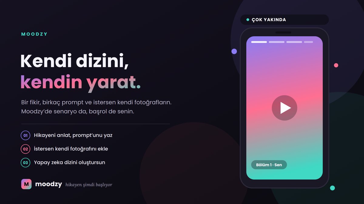 moodzyapp's tweet photo. Herkes dizi izliyor. Peki ya kendi dizini yazabilseydin? 
Birkaç prompt yazıyorsun, yapay zeka senin fikrinden bir dizi kuruyor. İstersen bir adım daha ileri gidiyorsun: kendi fotoğraflarını yüklüyorsun ve dizinin başrolüne sen çıkıyorsun.
Fikrin → Yapay zeka → Senin dizin. https://t.co/oaqKFDobBH