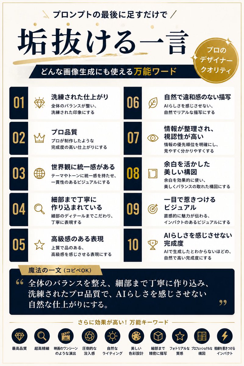 ane5mama's tweet photo. 画像生成で「なんか惜しい…」と思ったら、
プロンプトの最後に一言足すだけで、仕上がりが変わることがあります！！！

私もよく使っている”万能ワード”をまとめました♡♡

◾️洗練された仕上がり
◾️プロ品質
◾️高級感のある表現
◾️余白を活かした美しい構図
◾️AIらしさを感じさせない完成度

どんな画像生成にも使いやすいので、
保存して必要なときに
コピペしてみてください！！

他にもおすすめの万能ワードがあれば
ぜひ教えてください！！

#ChatGPT #生成AI #AI画像生成 #プロンプト #AIデザイン #Webデザイン #デザイン初心者 #Figma #Canva #デザインのコツ