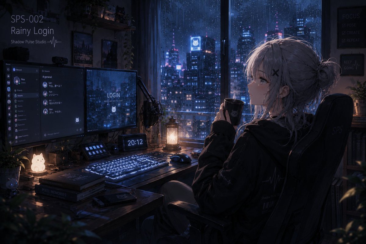 ShadowPulseArt's tweet photo. SPS-002｜Rainy Login ☔

雨音が少しだけ大きく聞こえる夜。

まだゲームは始まっていない。
温かいマグを片手に、
「今日は何を遊ぼうか」と考える静かな時間。

Quiet Moments. Lasting Stories.

#ShadowPulseStudio #オリジナル
#AIイラスト
#ゲーム部屋 https://t.co/MCC9ibgbAm