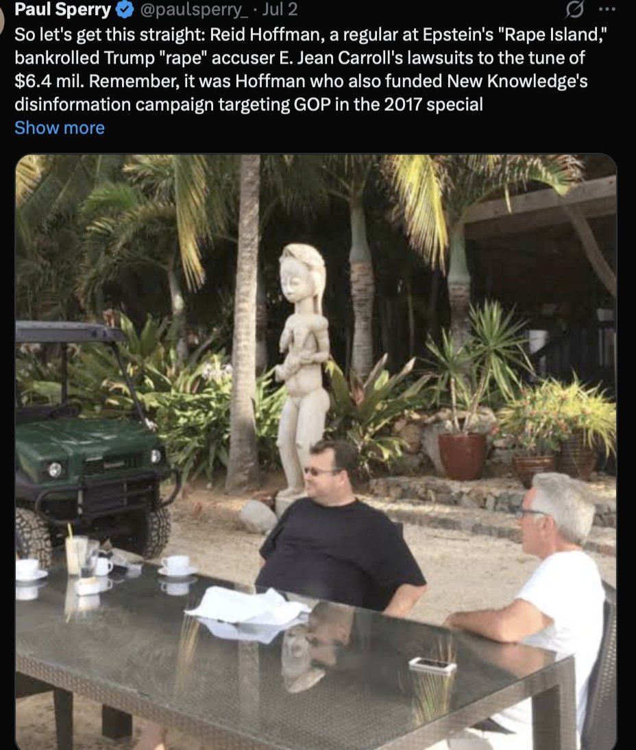 RebeccaLAnders's tweet photo. #AI says, about @reidhoffman of Linked In: Reid Hoffman visited #JeffreyEpstein’s private island, Little St. James, for one night in 2014 as part of fundraising activities for the Massachusetts Institute of Technology (@MIT) Media Lab. He has maintained he was never a client of Epstein and has publicly expressed regret for his association.Newly released files from the Department of Justice detail Hoffman's relationship with Epstein:Fundraising & Meetings: Hoffman stated he met and communicated with Epstein between 2013 and 2018 under the assumption that these interactions would yield donations to the MIT Media Lab.The Island Visit: Hoffman acknowledged staying one night on Epstein’s private Caribbean island, an association he later said was a mistake, stating "Note to self: Google before going".Ongoing Scrutiny: Hoffman’s ties to the disgraced financier have drawn public scrutiny and political attention. After DOJ documents and emails were made public, Hoffman apologized, stating he regrets that his associations helped rehabilitate Epstein’s reputation.
Perhaps he bankroled @Ejeancarroll & funded @newknowledge 's" disinformation campaign targeting @GOP as "atonement" due to his regret for for his association. @paulsperry_