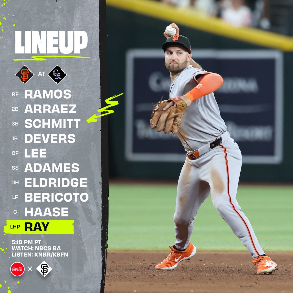 SFGiants's tweet photo. Spending the Fourth at the field ⚾️ 

⌚️: 5:10 p.m. PT
📍: Denver, CO
📺: @NBCSGiants
📻: @KNBR | KSFN

#SFGiants | @CocaCola https://t.co/PS6v1UXbcF