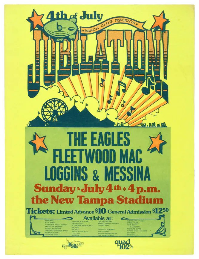 Nickslive's tweet photo. Fleetwood Mac performed at Tampa Stadium in Florida July 4, 1976, for a massive Bicentennial celebration called the "4th of July Jubilation". The outdoor concert was co-headlined by The Eagles, Loggins &amp; Messina and Dan Fogelberg, drawing approx. 37-40,000 fans https://t.co/pijIUQ7Hsv