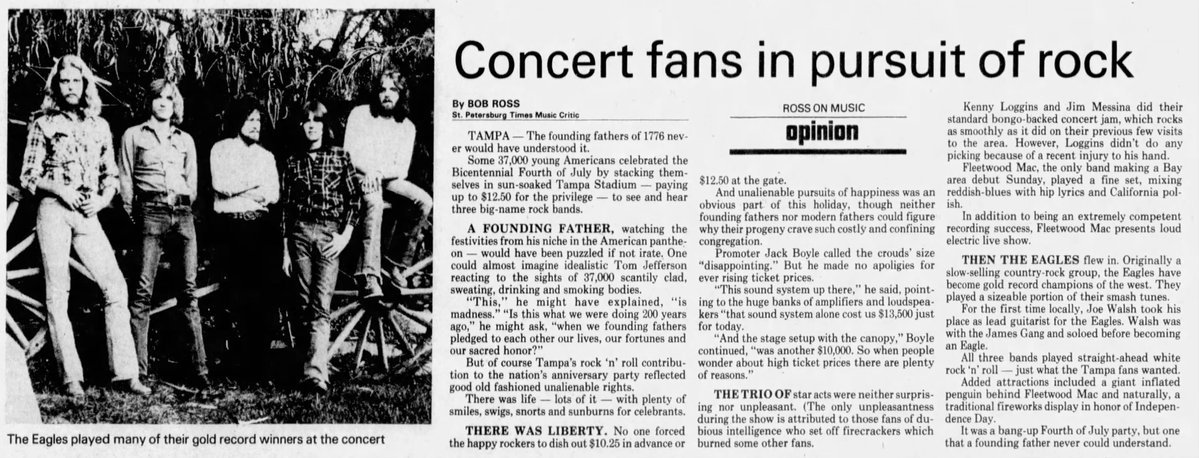 Nickslive's tweet photo. Fleetwood Mac performed at Tampa Stadium in Florida July 4, 1976, for a massive Bicentennial celebration called the "4th of July Jubilation". The outdoor concert was co-headlined by The Eagles, Loggins &amp; Messina and Dan Fogelberg, drawing approx. 37-40,000 fans https://t.co/pijIUQ7Hsv