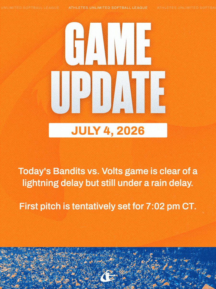 theAUSLofficial's tweet photo. an update on today's Bandits v. Volts matchup

but don't worry, if you want to watch the AUSL, tune into the Cascade v Spark at 7 pm ET on ESPN! https://t.co/XfxoNbfmev