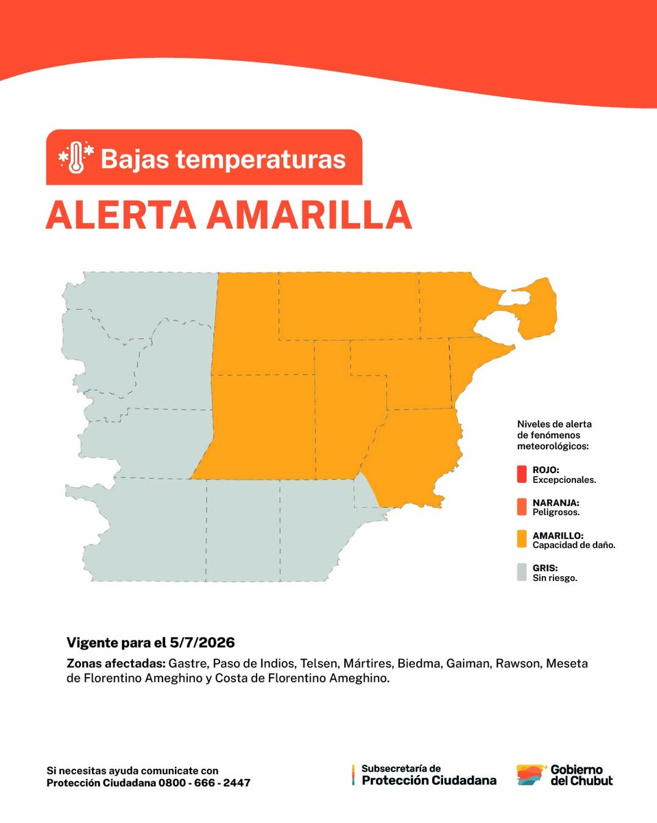 DcChubut's tweet photo. ❗️Alerta amarilla por bajas temperaturas extremas, prevista para el domingo 5 de julio. 

📍Las zonas serán afectadas por temperaturas bajas, las cuales pueden tener un efecto leve a moderado en la salud. 

🔎 Fuente: Servicio Meteorológico Nacional. https://t.co/AgnuPqoigz