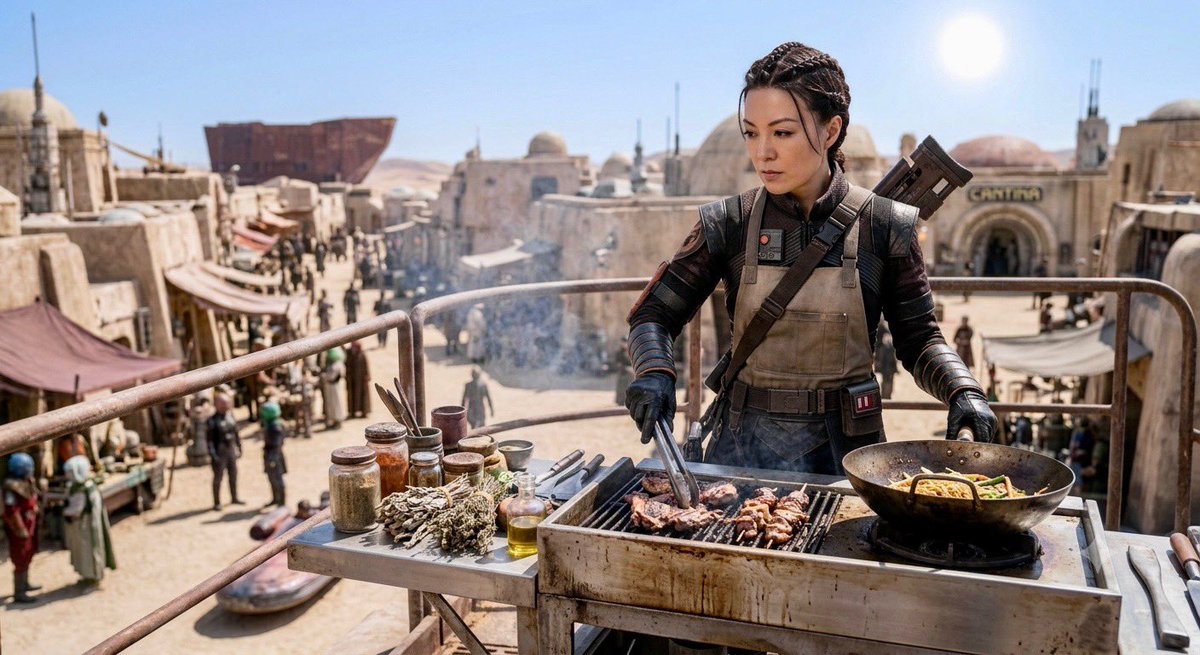 MingNa's tweet photo. Chef Shand celebrating 4th of July on Tantooine! This is the way. 😂 https://t.co/QyKi3MaeiW