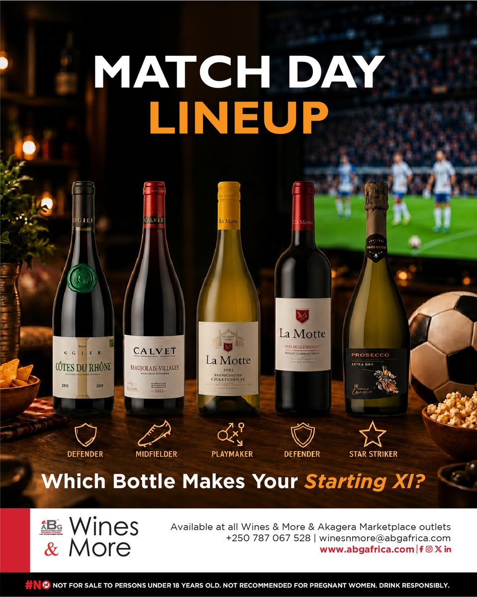 WinesNMoreABG's tweet photo. ⚽ Every Match Day needs a strong Starting XI.

Which bottle is making your lineup today?

🍷 Ogier Cotes du Rhone
🍷 Calvet
🥂 Giacomo Prosecco
🍸 La Monte

Available at Wines &amp; More and Akagera Marketplace.
#WorldCup #WinesAndMore https://t.co/W5SB8hJ31N