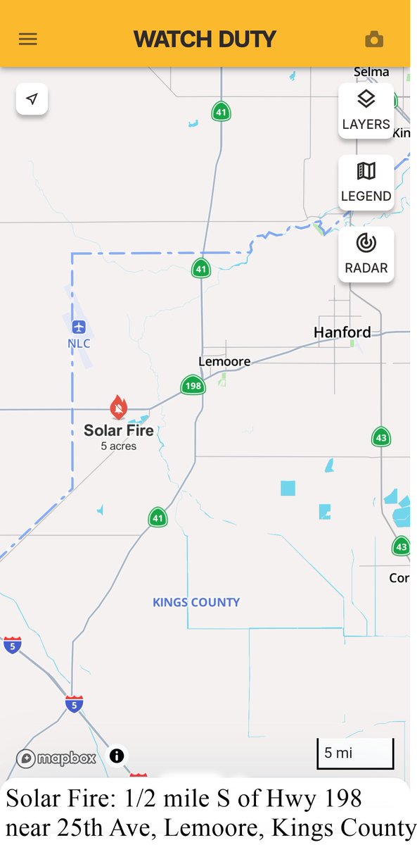 CodeRed001Blue's tweet photo. #SolarFire approx 1/2 mile S of Hwy 198 near 25th Ave, Lemoore, Kings County.
12:42PM Firefighters are on scene of an approx 5-10 acre vegetation fire in the area burning at a slow rate of spread and surrounded by roads. https://t.co/lSbqYWK1wY