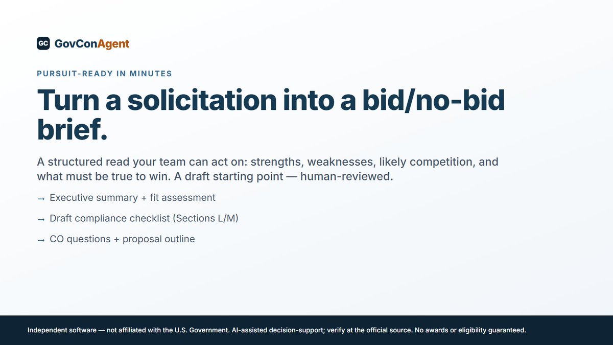 GovConAgent's tweet photo. Turn a solicitation into a bid/no-bid brief: 
strengths, weaknesses, likely competition, and what must be true to win. 
A human-reviewed starting point - not a filing. Independent tool; verify at the source.

Check a sample of GovConAgent reports: https://t.co/zmplA5bpDQ https://t.co/FwIwtsepfg