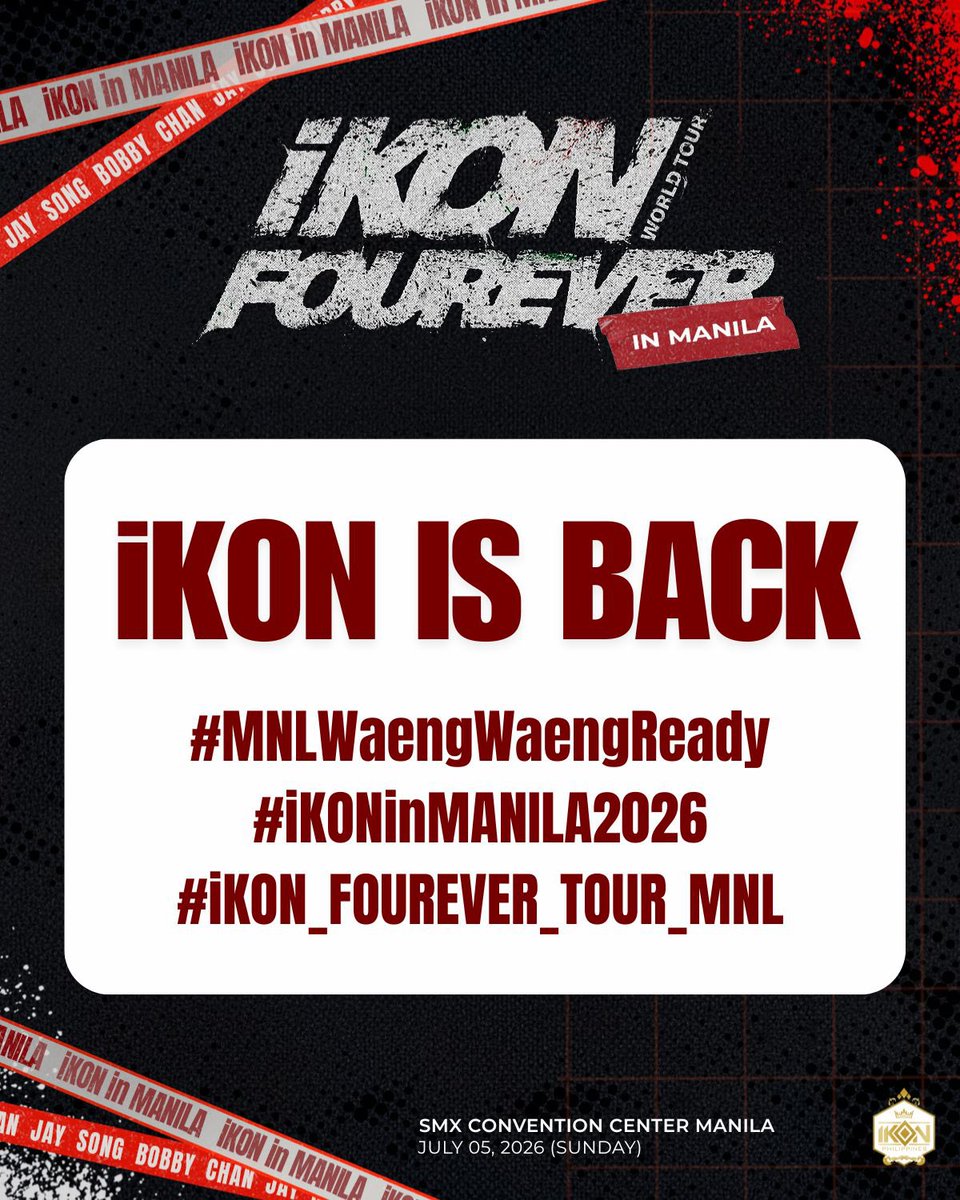 withiKON_PH's tweet photo. Drop those tags for iKON! ❤️🖤🔥

Let’s fill the timeline with love for iKON! Share your photos, videos, and favorite moments, and don’t forget to use our official hashtags.

Keep posting, keep tagging, and let’s make some noise for our best boys! ❤️✨

iKON IS BACK
#MNLWaengWaengReady
#iKONinMANILA2026
#iKON_FOUREVER_TOUR_MNL
@iKONIC_143 #iKON