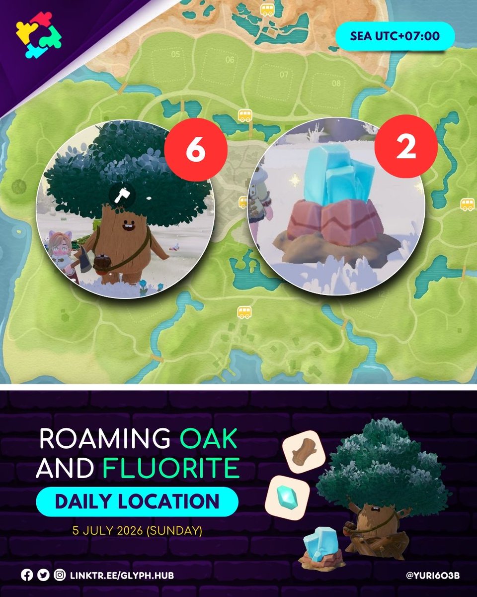 Glyph_Hub's tweet photo. [HEARTOPIA]

Roaming Oak Tree and Fluorite Location
5 JULY 2026 (SUNDAY)

📌 Sea Server (UTC+7)
🪵 Roaming Oak - 6
💎Fluorite - 2

#Heartopia #HeartopiaTips #HeartopiaGuide https://t.co/6Y9A7bOyti