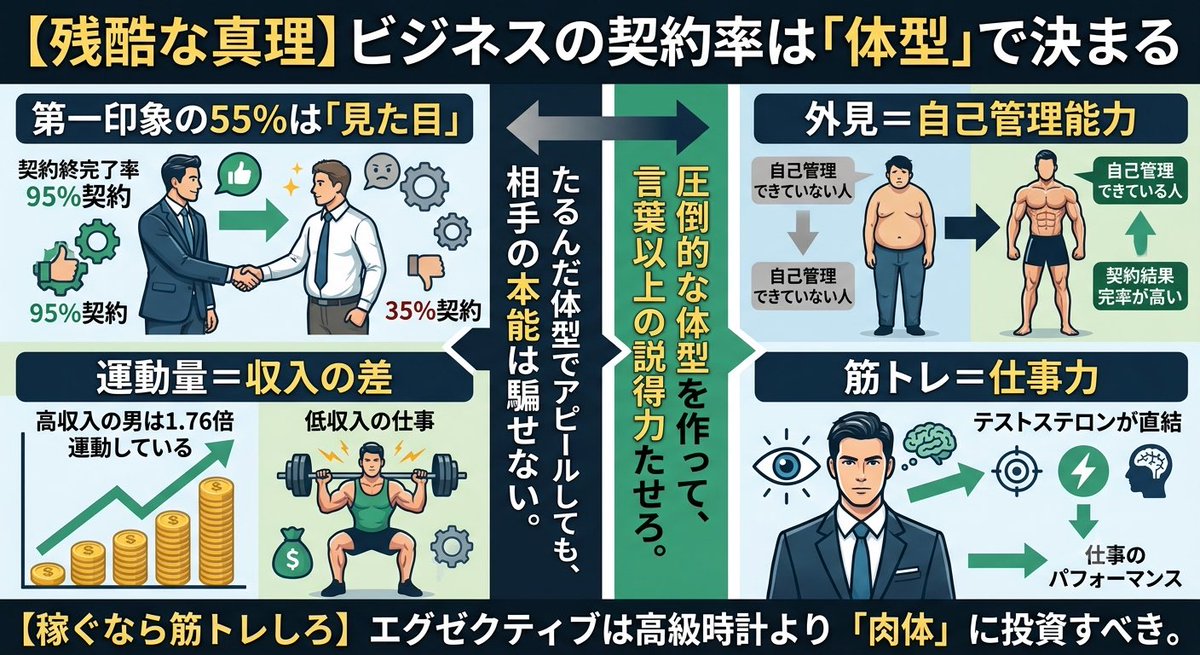 usk_menshack's tweet photo. 残酷な真理だけど、ビジネスの契約率は「体型」で決まる。  

・第一印象の55%は視覚（見た目）
・外見の良さは自己管理能力と比例すると見なされる
・高収入の男は低収入の1.76倍運動している
・筋トレ（テストステロン）が仕事のパフォーマンスに直結する  

これら数々の研究データが「稼ぐなら筋トレしろ」と証明している。  

エグゼクティブこそ、高級時計やスーツに投資する前に「自分の肉体」に投資すべき。

たるんだ体型で仕事ができるアピールをしても、相手の本能は騙せない。
圧倒的な体型を作って、言葉以上の説得力を持たせろ。