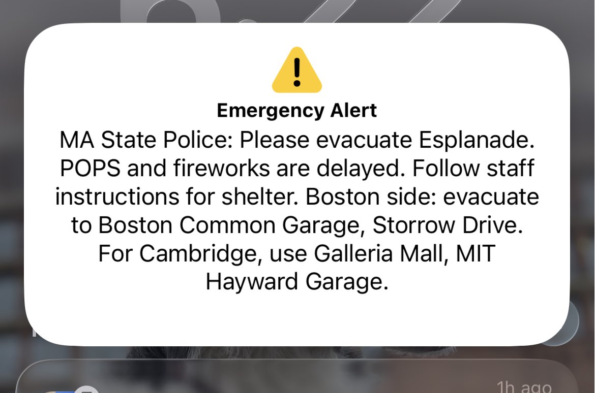 AHollenbaugh's tweet photo. Breaking: Emergency Alert sent to Boston Area - asking for evacuations and sheltering in place https://t.co/VF2Sv1iJzQ
